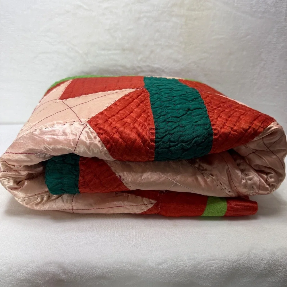 VTG Handmade Satin Patchwork Quilt Red Geometric Star 83x68 for REPAIR/REPURPOSE
